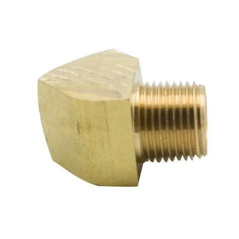 Side view of a 45 Degree Street Elbow One Quarter Inch NPT Male To One Quarter Inch NPT Female Brass Pipe Fitting.
