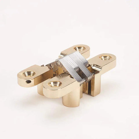 Invisible Concealed Cabinet Hinge 60.8mm by 36mm Gold Tone Cross Hinge, durable zinc alloy stainless steel, side view