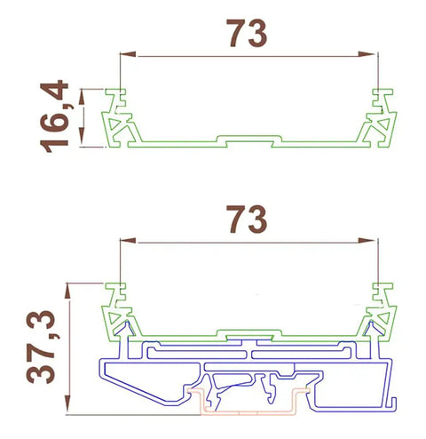 Technical drawing of Din Rail Mounting Carrier For 72 73mm Wide PCB Housing Bracket Adaptor Fits TH35 TH15 And G Rails 73 By 155 mm PCB Size