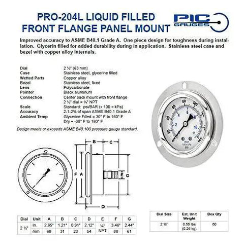 Glycerin Filled Panel Mount Pressure Gauge With Front Flange Two And A Half Inch Dial Zero To Five Thousand Psi One Quarter Inch NPT Brass Internals Stainless Steel Case Plastic Lens Workhorse Quality For Air Water Oil Gas PIC Gauges PRO 204L 254R