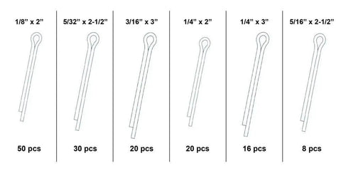 144 Piece Cotter Pin Set With 6 Popular Sizes Spring Steel Zinc Plated For Rust Resistance In A Clear PP Storage Case With Size Chart Swordfish 31100 Kit displayed with size chart.