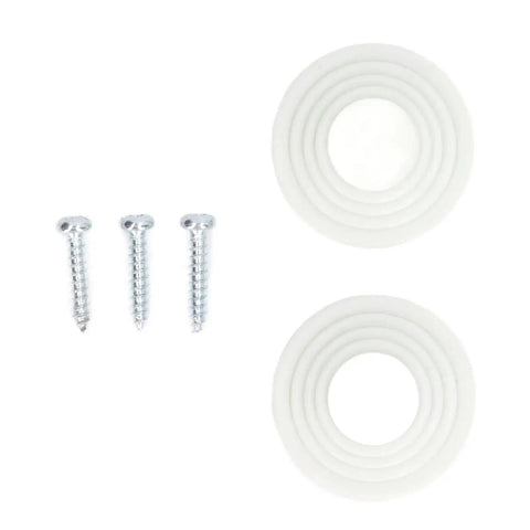 Two rubber grommets and three metal screws on a white background for mounting applications.