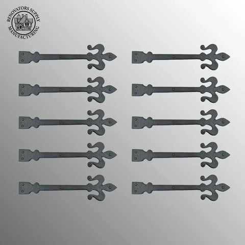 Pack of 10 Fleur De Lis Wrought Iron Dummy Strap Hinge 16 Inch Black Decorative Hardware displayed on gray background.