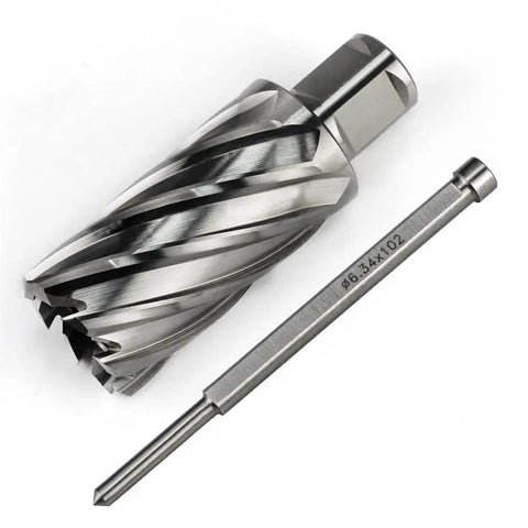 Annular Cutter One And A Quarter By Two Inch Cutting Diameter, Two Inch Depth, Three Quarters Inch Weldon Shank With Two Flats, Pilot Pin, Magnetic Drill Bit For Magnetic Drill Press, Delivers Holes Up To Ten Times Faster Than Standard Bits shown with pilot pin.