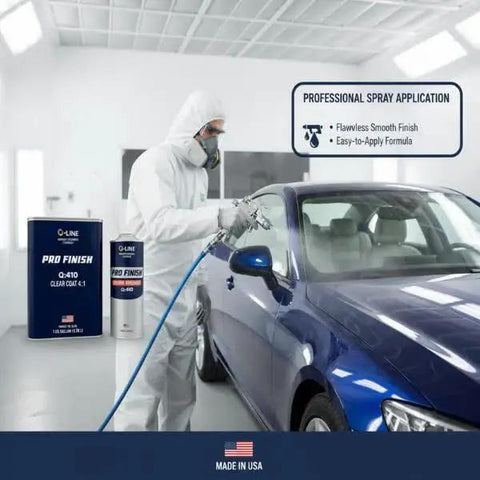 Person applying High Gloss 2K Clear Coat Kit With Hardener 4 To 1 For Refinishing 1 Gal And 1 Qt on blue car
