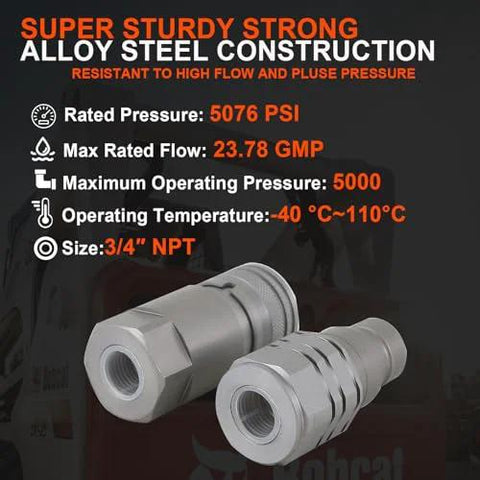 Front view of two 3/4 in NPT hydraulic quick-connect couplers, flat-face, alloy steel