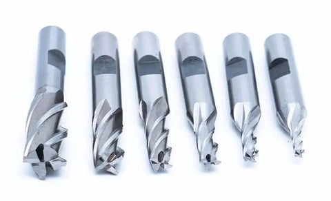 Center Cutting End Mill Set 6pc High Speed Steel 4 Flute Single End With 3/8 Inch Shank And Plastic Stand Includes 1/8, 3/16