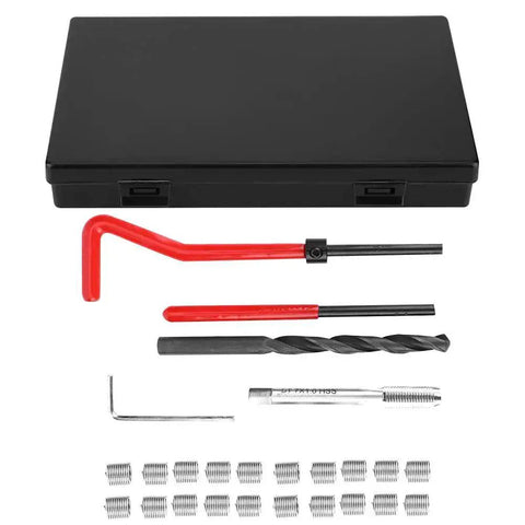 25Pcs Pro Grade Thread Repair Kit M7x1 Stainless Steel Thread Inserts With Spiral Drill And Wrench For Auto Parts Includes 20 Threaded Inserts And Tap Tools To Repair Damaged Holes Quickly, shown in a black case with tools and inserts displayed.
