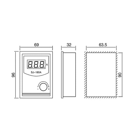 Technical diagram of SJ-180A controller for Single Shaft Magnetic Powder Brake 24V No Nonsense 6-100 Nm Torque Range and 0.6-10 Kg Tension, Controller Kit For Printing And Dyeing Machines.