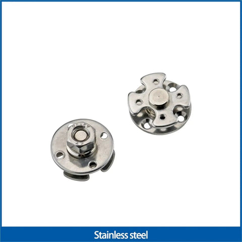Stainless steel 360-degree disc-damping shaft hinge components, concealed adjustable torque; front and side views, two pieces.
