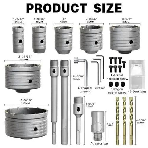 22 Piece Concrete Hole Saw Kit With 30mm To 110mm Hole Saws SDS Plus And SDS Max Connecting Rods shown with dimensions and accessories