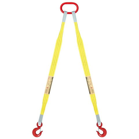 Kivomot 2-leg lifting sling, yellow polyester webbing, 5 ft x 3 in, 6,600 lb WLL, with G80 master link and two hooks
