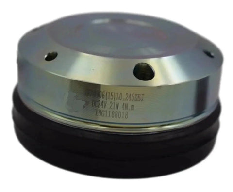Electromagnetic brake component; round silver metal housing with mounting holes and black rubber seal.