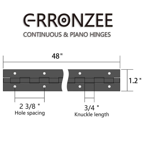 Image of a 48-inch black stainless steel piano hinge with labeled dimensions for cabinets and doors, suitable for DIY wood boxes, rust-resistant finish.