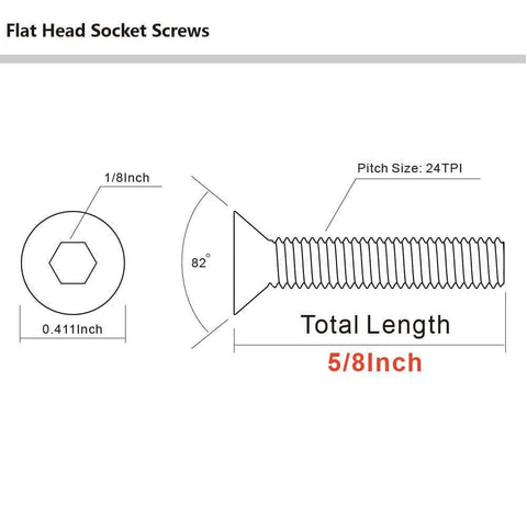 Diagram showing dimensions of Flat Head Socket Cap Screws Ten To Twenty Four By Five Eighths Inch Allen Hex Drive Stainless Steel 304.