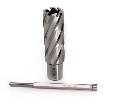 Heavy Duty Fifteen Sixteenth Inch Annular Cutter For Magnetic Drill Press With Two Inch Cutting Depth And Three Quarter Inch Weldon Shank With Two Flat Pilot Pin OSCARBIDE Built Tough High Performance Bit For Fast Large Hole Drilling shown