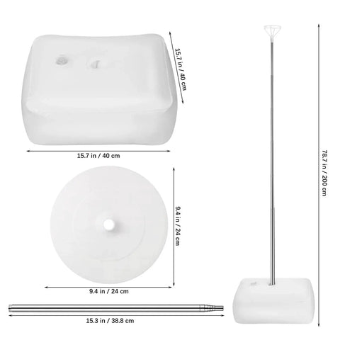 Balloon Column Stand Kit With Adjustable Poles And Bases For Balloon Sizes, showing dimensions of pole and base components.