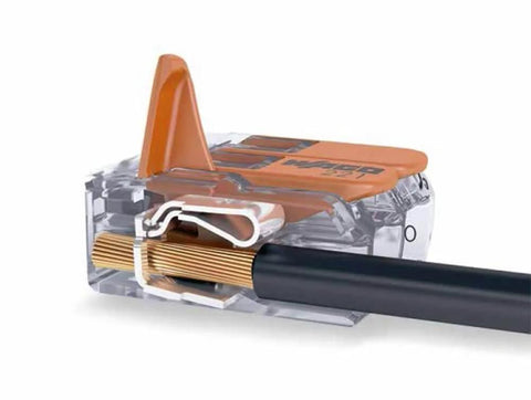 Close-up of Lever Nuts 221-415 5 Conductor Compact Connectors 10 Pack with transparent housing showing copper wire insertion and strip length.