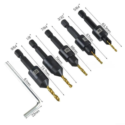 12 Piece Titanium Coated Countersink Drill Bit Set With Hex Shank For Precision Boring Chamfering And Reaming, various sizes displayed.