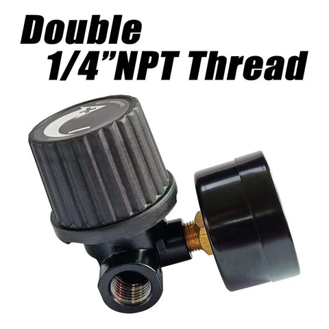 Air pressure regulator, 1/4 in NPT, black body with brass threaded fitting and knurled adjustment knob for air compressors.