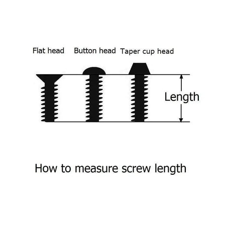 Diagram showing how to measure screw length with flat head, button head, taper cup head illustrations labeled for Titanium M7 X 25mm Allen Hex Socket Cap Head Bolts 2 Pack Aerospace Grade Ultra Lightweight Corrosion Resistant High Strength For Automotive Aviation Racing Sports And Marine Applications.