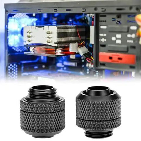 Two Six Pack Copper Compression Fittings For Water Cooling Systems For Gaming Rigs And PC Setups with computer hardware background.