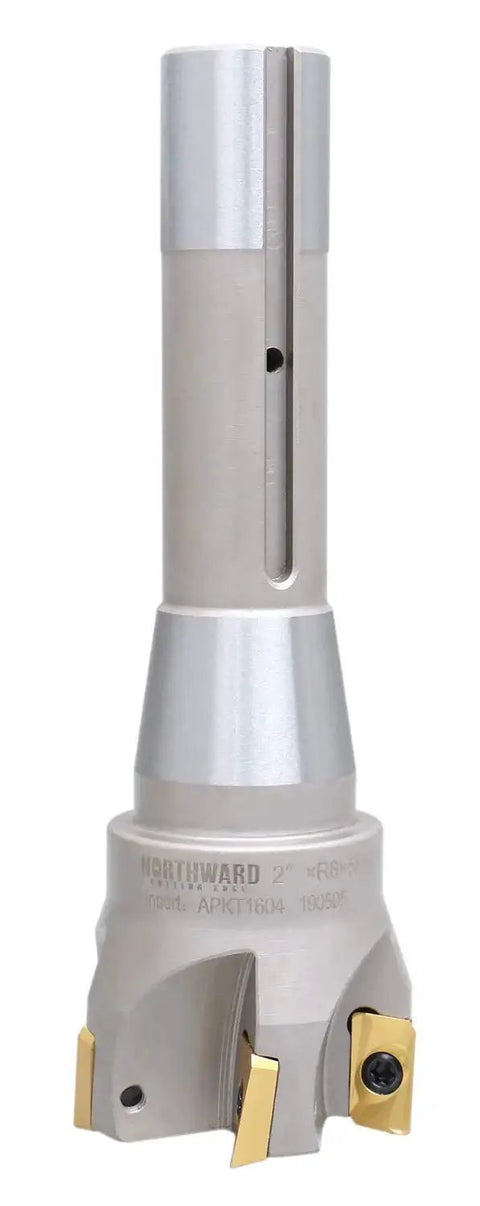 Indexable End Mill With 2 Inch Diameter And Six And One Eighth Inch Overall Length, 90 Degree Right Hand Cut, R8 Shank, 5 APKT1604 Carbide Inserts Tin Coated, No Coolant Through, Pro Grade Metalworking Tool By Accusize Industrial Tools front view