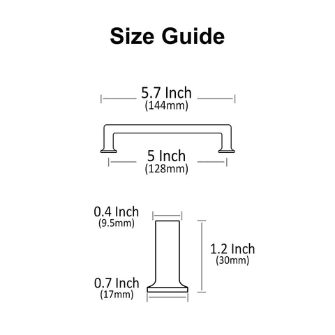 Size guide for Oil Rubbed Bronze Cabinet Pulls 5 Inch 128mm Hole Centers Square Cabinet Handles Set Of 10 For Cabinets Drawers Closets