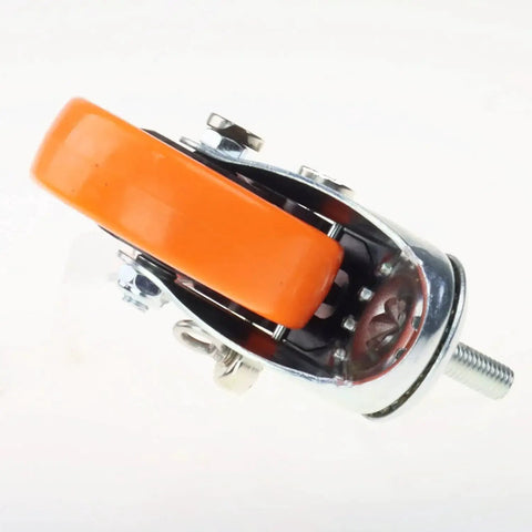 Side view of orange PVC swivel caster with metal housing and threaded M12 stem