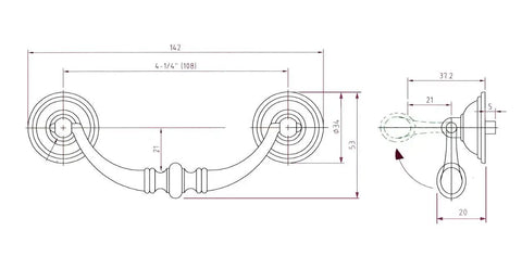 Technical drawing of Matte Black Iron Traditional Cabinet And Drawer Pull Handle For Kitchen And Bathroom Or Furniture Durable Center To Center 4 1 Quarter Inch 108 Millimeters Length Five And One Half Inches Width Two Inches Projection Three Quarters Of An Inch.