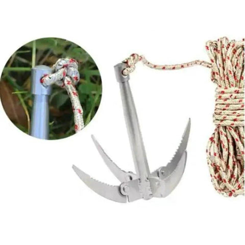 Folding Grappling Hook With 4 Sharp Prongs Aluminum Survival Anchor Tool With 32-Foot Braided Rope And Red Tracking Line Durable