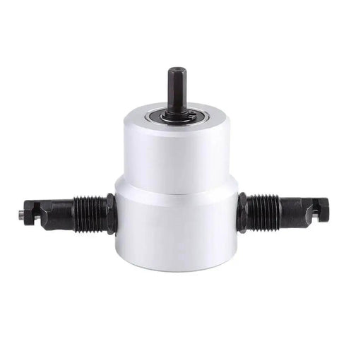 Pro Grade Metal Sheet Cutter Kit With Double Head Drill Attachment for Steel Copper Aluminum and Stainless Cuts, shown in close-up