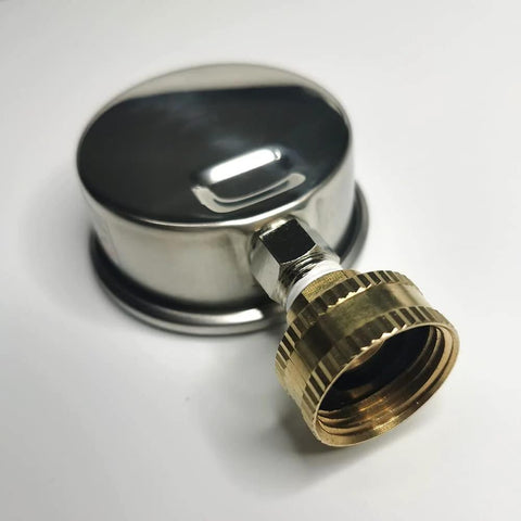 Stainless steel 304 liquid-filled water pressure gauge with 2-1/2 inch dial, 0-220 psi, brass 3/4 inch GHT hose thread.