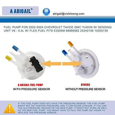Chevy Tahoe GMC Yukon Fuel Pump Replacement 2002 2003 2004 V8 53L Flex Fuel Only OE Grade Direct Fit Pump Assembly Replaces E3559M High Quality for Reliable Fuel Delivery with pressure sensor and comparison image.