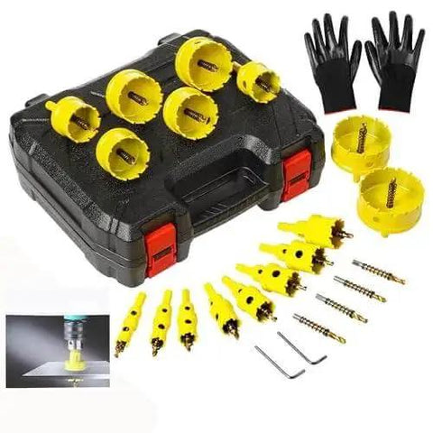 Carbide Hole Saw Kit 24 Piece Set For Metal Wood Plastic And More With Upgraded Pilot Drill Bit And Hex Keys From DWIKE Five Eighths Inch To Three Inches TCT Hole Saws Designed For Hard Metal Alloy Aluminum Stainless Steel Plastic And Iron shown with case, gloves, and tools.