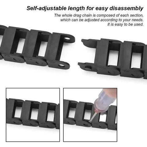 Rugged Nylon Cable Carrier 1 Meter Drag Chain for CNC Machines with end connector showing self-adjustable sections and disassembly.