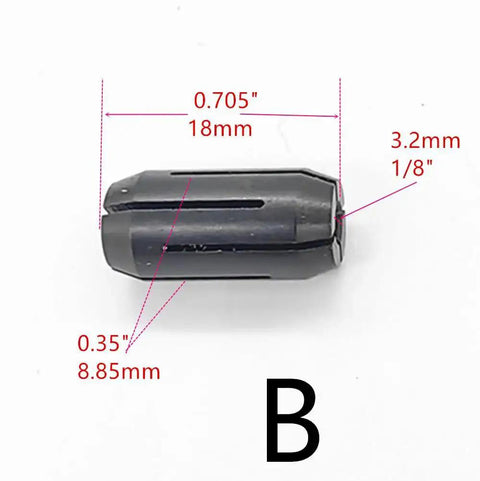 Four Pack Cut Out Tool Collet Chuck Kit For DW660 And DC550 Palm Routers, 1/8 inch collet, close-up with dimensions labeled.