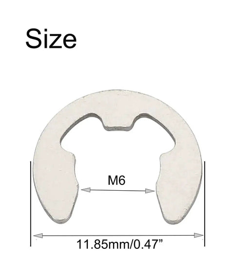 Diagram showing the size of Stainless Steel External Circlips E Clip Set For 6mm Shafts 1mm Thick Heavy Duty Snap Rings, 11.85mm OD.