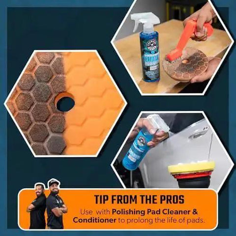 TorqX Random Orbital Polisher Kit With Pads, Polishes, And Compounds For Cars, Trucks, SUVs, And Motorcycles, 700W Motor, 8mm Orbit, All In One 9 Piece Detailing Set - Polishing pads and conditioning spray shown.