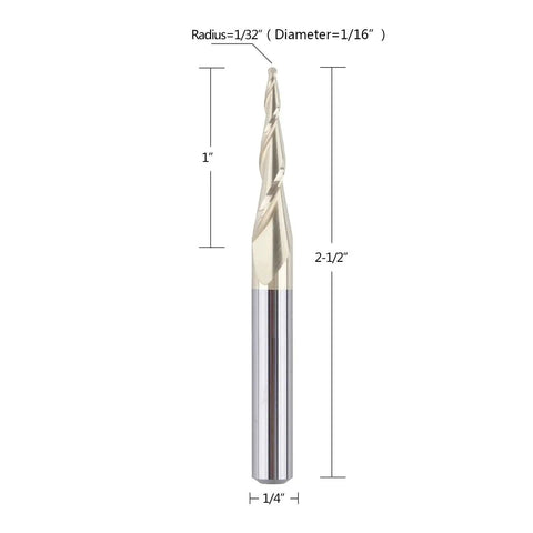 Tapered Ball Nose End Mill For 3D Carving With One Quarter Inch Shank And One Thirty Second Inch Radius ZrN Coated Two Flute Router Bit For Engraving And CNC Wood Sign Making SpeTool