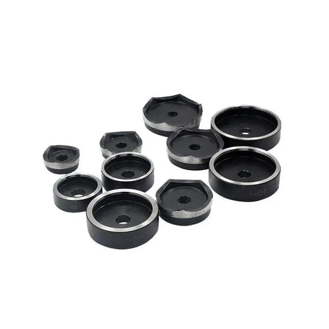 Hydraulic Knockout Punch Driver Kit With Hole Dies Half Inch To Four Inch Range, Hole Sizes From 16mm To 114mm, set of metal hole dies