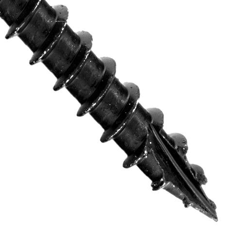Close-up of Beefy Black Timber And Landscaping Wood Screws Size Fourteen By Twelve Inch Exterior Coated For Logs And Decking