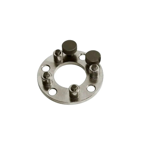 Camshaft pulley holder tool, round metal flange with five studs and knurled knobs, silver