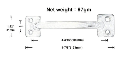 Solid Brass Heavier Sash Lift Pull Traditional Cabinet And Drawer Handle In Polished Brass Finish Four And Seven Eighths Inches Overall Length With Four And One Quarter Inch Center To Center Mounting Screws Included Two Pack Made In Taiwan, with measurements and net weight details.