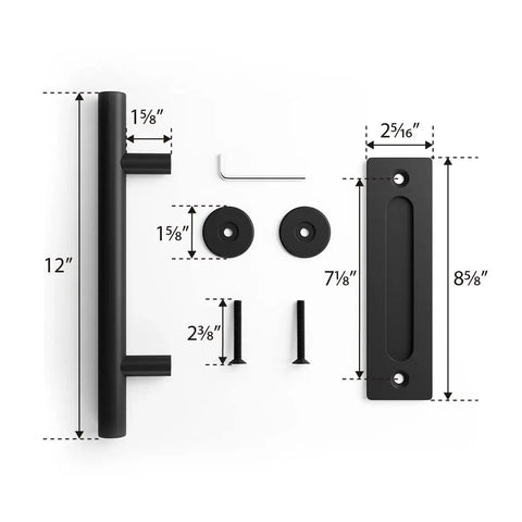 Two Piece Twelve Inch Pull And Flush Barn Door Handle Set In Black For Gates Garages Sheds And Furniture Rustic Two Sided Design With Finger Pull And Long Pull Handle Fits Door Panels From Three Quarters To One And Three Quarters Inch Thick shown disassembled with parts, screws, and wrench visible.