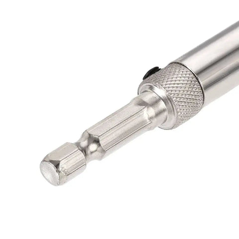 Close-up of Self Centering Hinge Tapper Core Drill Bit 11 64th Inch Diameter for Woodworking, silver, showing shank end.