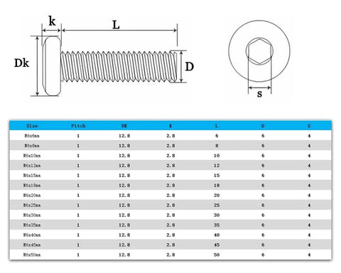 Diagram of Black M6 1.0 X 25mm Hex Socket Cap Screws, Fully Threaded, 304 Stainless Steel, Flat Head, 4mm Allen Drive, dimensions chart