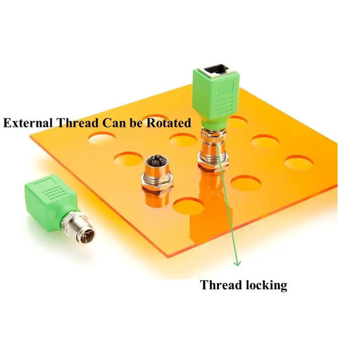 M12 X Coded 8 Pin To RJ45 Adapter For Cat6 Industrial Ethernet Shielded Bulkhead Jack showing external thread and locking feature