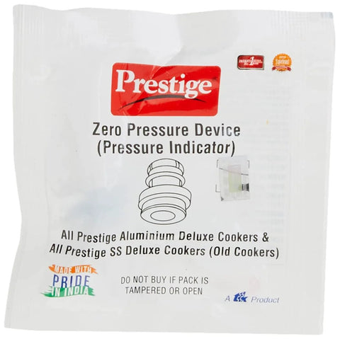 Prestige Zero Pressure Device (pressure indicator) packaging for Deluxe pressure cookers; white pouch with red Prestige logo
