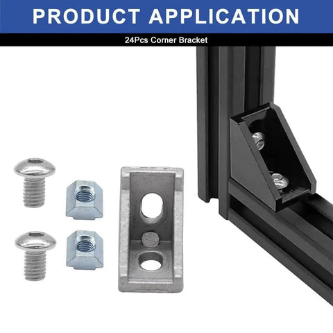 24 Pcs 2020 Corner Bracket Kit With Screws For 8020 Aluminum Profiles shown with bracket, nuts, and screws